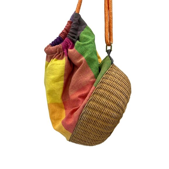 Liz Claiborne Colorful Plaid Drawstring Bag With Wicker Base & Orange Rope Strap - Picture 2 of 9